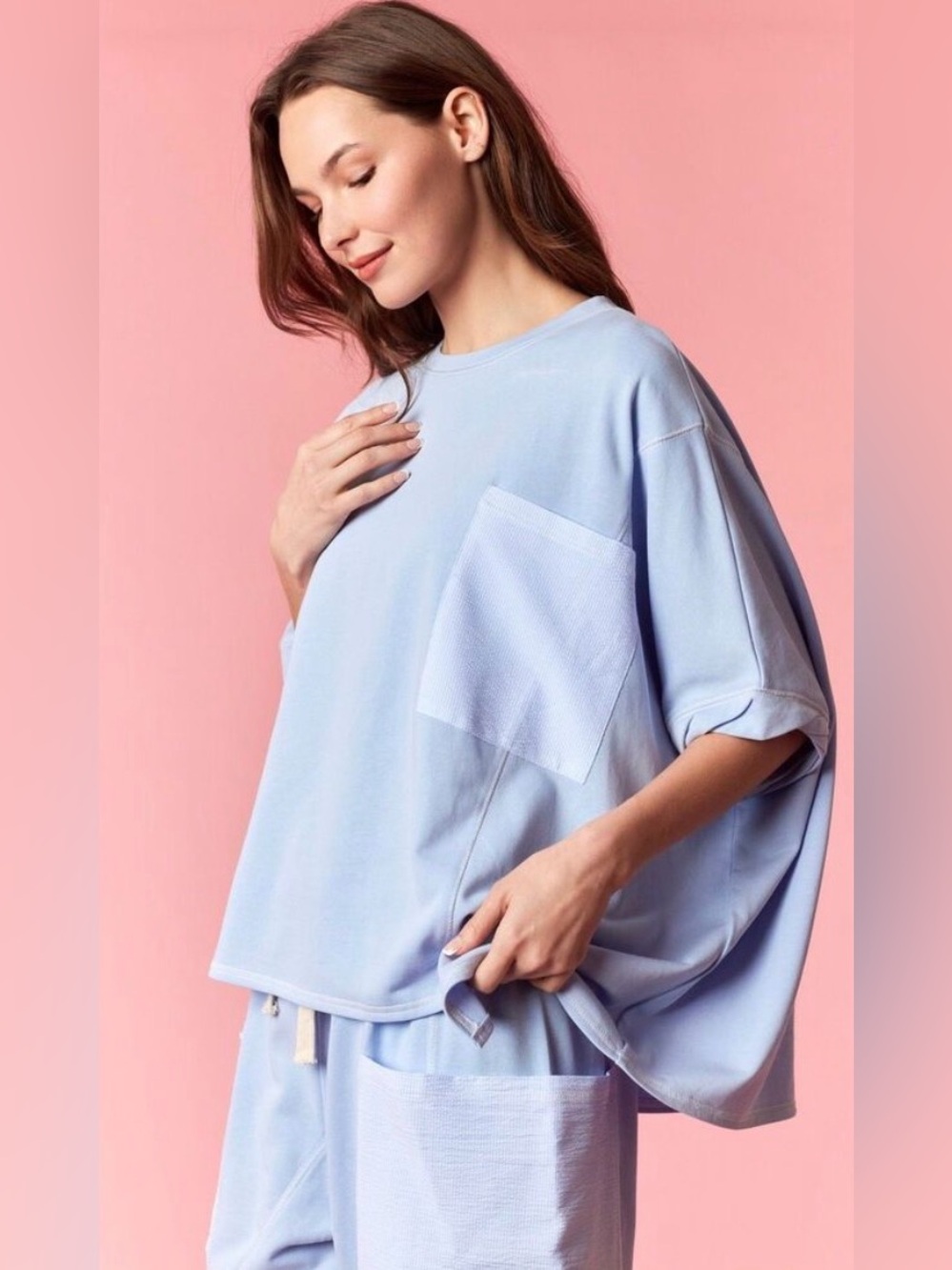 Peach Love California Blue Oversized Reverse Stitch Top medium loungewear comfy